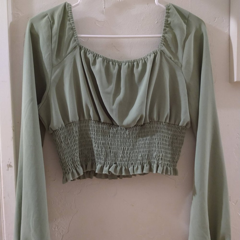 Solid Ruched Bust Scoop Neck Shirred Blouse